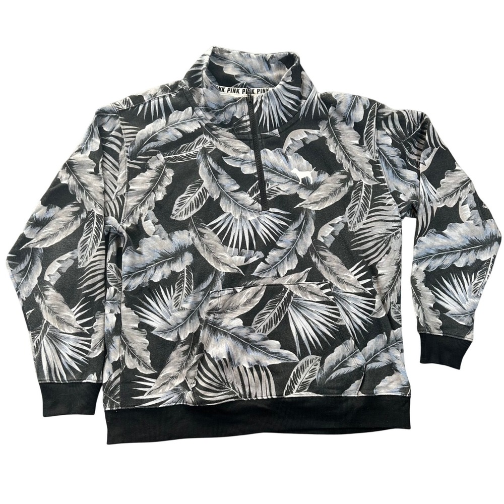 PINK Victoria's Secret Quarter Zip Pullover Sweatshirt Tropical Palm Print Large